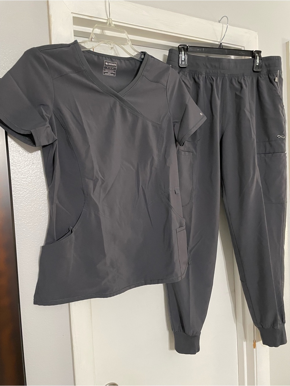 Cherokee Infinity women’s gray scrub set- Top (M) and Jogger pants(L)